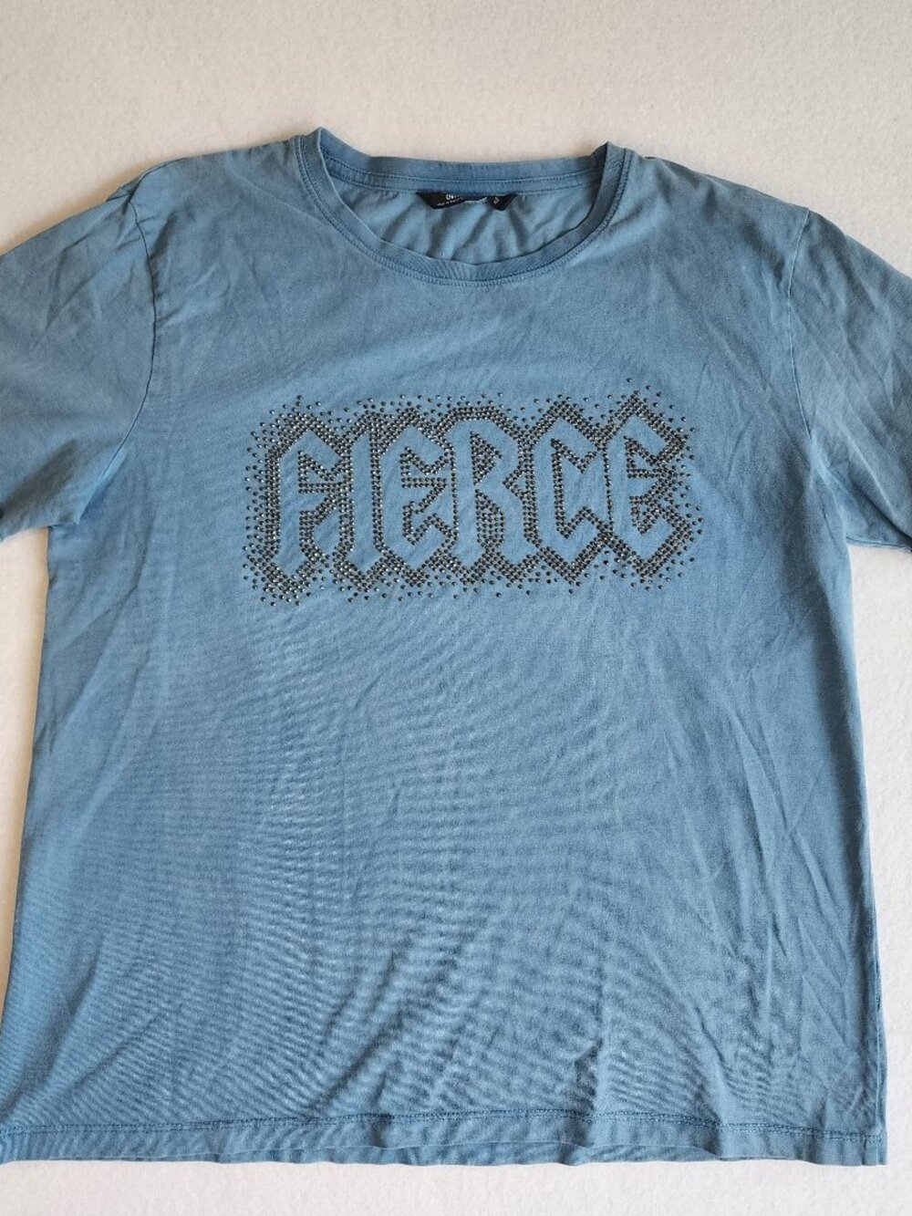 Outfitters Woman Fierce Rhinestone Graphic Top Blue Short Sleeve Tee Size M